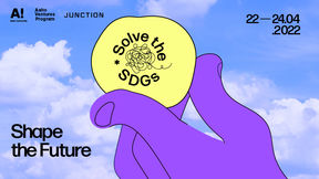 An illustration of purple hand holding a yellow ball that says "Solve the SDGs". A blue sky with clouds on the background. Texts say: "48 hours to change the world. 22.-24.4. at Startup Sauna and online." Black logos of Aalto University, Aalto Ventures Program and Junction.