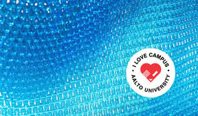 Blue glass pieces forming a wave and a I love campus logo on it
