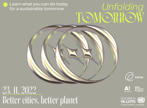 On gray background, silver elements. Text around says "Unfolding Tomorrow: Better cities, better planet 23.11.2022"