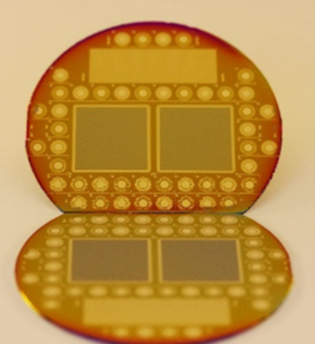 A processed GaAs epitaxy wafer with various radiation detectors.