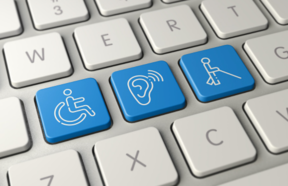 Keyboard with blue keys for wheelchair, hearing aid and white stick
