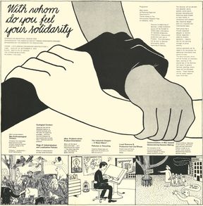Poster for a 1970s design conference called 'With whom do you feel your solidarity' with a drawn image of three hands with different skin tones holding one another.