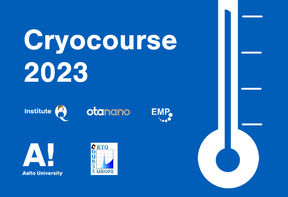 Cryocourse 2023 and organizer logos white a white thermometer illustration on blue background.