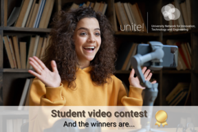 Unite! student video contest. In the photo a student making a video with her phone. 