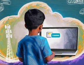 A kid trying to login to a website on a PC, and in the background cloud and cellular tower.