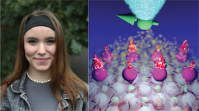 Photo of a smiling young woman with scientific graphic showing pink balls representing quantum mechanic effects