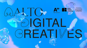 Blue background with abstract figures and stylized text Aalto Digital Creatives in front