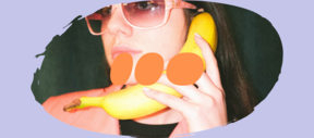 A person holding a banana like a phone with a serious face and sunglasses on. The image is surrounded by an oval-shaped lilac frame with the Sustainability Action Booster orange logo on top of it.