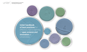 Unite! logo, bubbles and text "Unite! handbook of best practices for effective mainstreaming of open science and innovation at Universities"