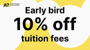 white bubbles on a yellow background and text early bird 10% off tuition fees by Aalto University Summer School