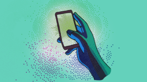 Illustration of a hand holding a smartphone with a data visualisation of a social bubble behind it. 