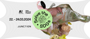 In the middle is the logo of Solve the SDGs. In the background a melted blop of plastic and the remnants of items like a flamingo beach float and a dog toy.