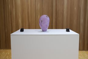 A pink glass blown piece placed on a white pedestal, two black objects on each side