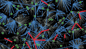 Snowball sample of the Skype social network (gray links), showing multiple innovators as green nodes, induced small vulnerable trees as red nodes and links, and the triggered connected stable cluster as blue nodes and links. Picture: Nature Publishing Group
