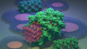 DNA nanostructures (purple) get camouflaged by serum albumin proteins (green). (Image: Veikko Linko and Mauri Kostiainen)