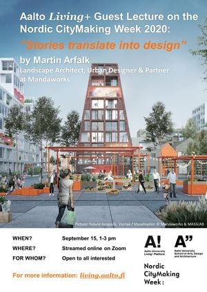 Advertisement for Living+ guest lecture "Stories translate into design" by Martin Arfalk on September 15 (2020), with a visualization of future Aviapolis by Mandaworks and MASSLAB. Modern buildings and people sitting and walking on a square.  