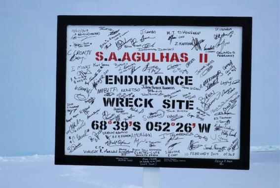 Weddell Sea Expedition 2019 sign at the Endurance wreck site