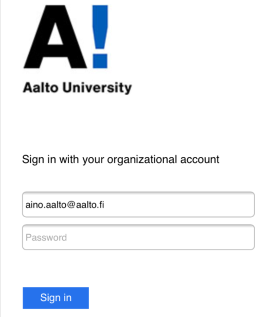 3. Seuraavassa Aalto-kirjautumisikkunassa kirjoita Aalto-salasanasi salasanakenttään.  Avoin asetusvaihtoehdot