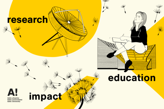 Strategy key visuals visualising the university key areas, namely research, education, impact, illustration by Anna Muchenikova