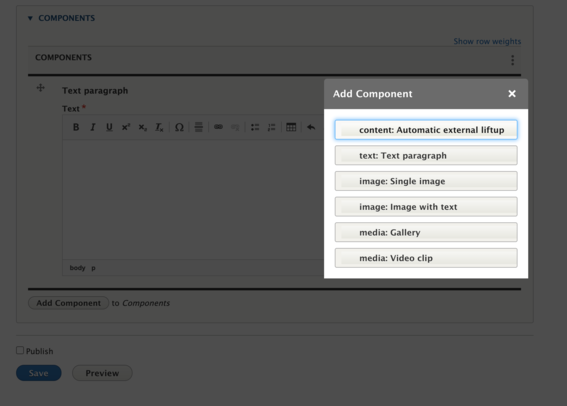 Screenshot of add component pop-up on ourblogs.aalto.fi