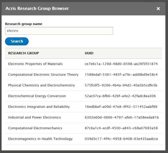 Screen shot from Drupal's backend showing how to search for research groups to add their publications.