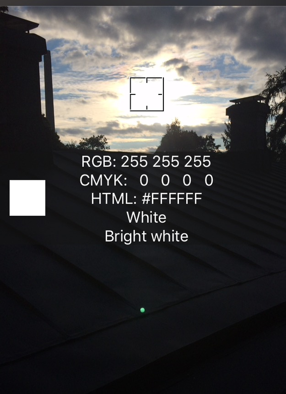 Screenshot of a smartphone app measuring the color coordinates of the Sun in the sky (RGB: 255 255 255, CMYK 0 0 0 0, "White", "Bright White").