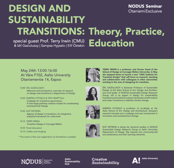 Poster for The event is organized by NODUS Sustainable Design Research Group of Aalto University, bringing together researchers and practitioners on topics relevant to design, innovation and sustainability.