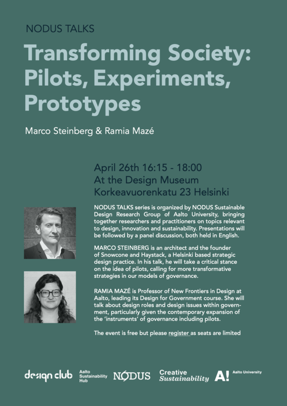 Poster for NODUS TALKS series is organized by NODUS Sustainable Design Research Group of Aalto University, bringing together researchers and practitioners on topics relevant to design, innovation and sustainability. Presentations will be followed by a panel discussion, both held in English.