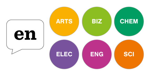 Colorful circles with abbreviations BIZ, ELEC, ENG; ARTS, SCI and CHEM and a call-out with text EN