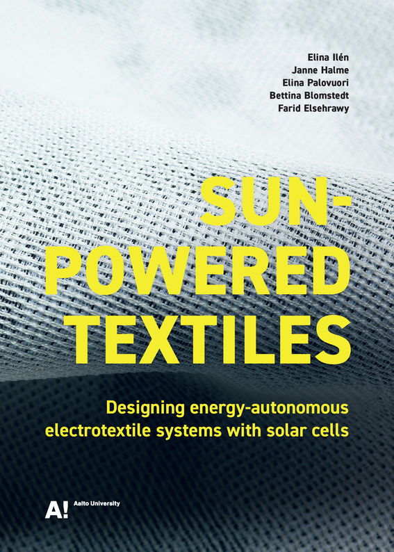 The cover of book Sun-powered textiles, with greyish electrotextile and yellow text.
