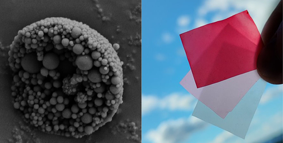 Composite image left of a halved nanosphere particle, right photograph of three nanopaper squares dyed with red onion skins against a blue sky clouds background