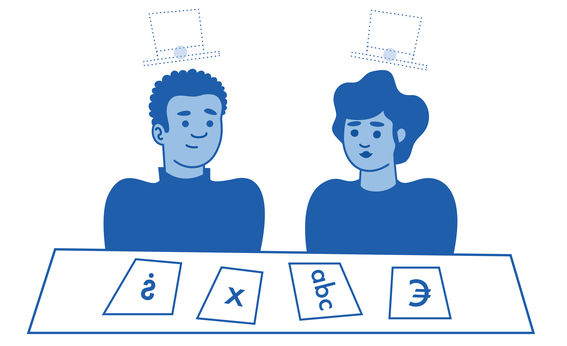 Two doctoral students looking at symbols on pieces of paper, with imaginary doctoral hats floating above their heads.