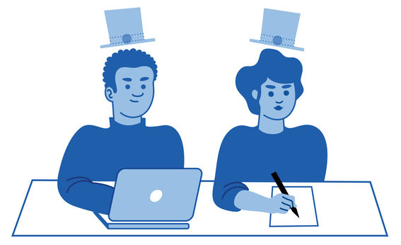 Two doctoral students, one working with a laptop and one with pen on paper, both with imaginary doctoral hats floating above their heads.