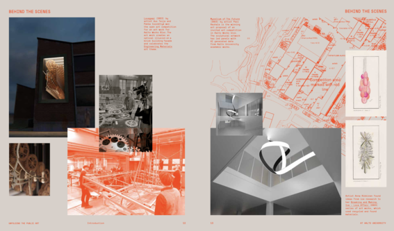 Depicting the layout of Engineering Materials public art competition insert in Unfolding public art book. 