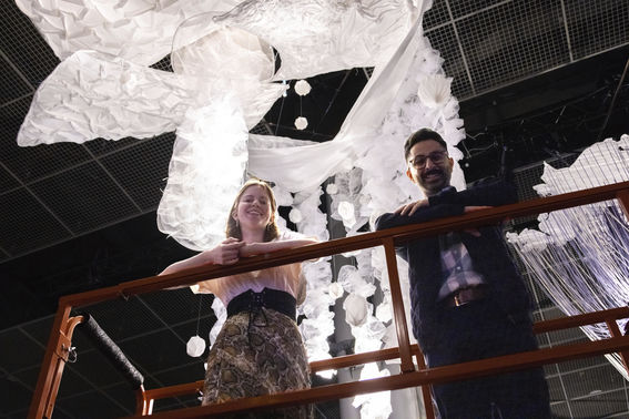 The Ocean’s Curtain is inspired by the way the surface of water looks when viewed from the seabed. The group of students included Helena Hartman, Seyed Alireza Fatemi Jahromi, Meri Aho, Xiao Mou and Irmuun Tuguldur. Photo: Mikko Raskinen.