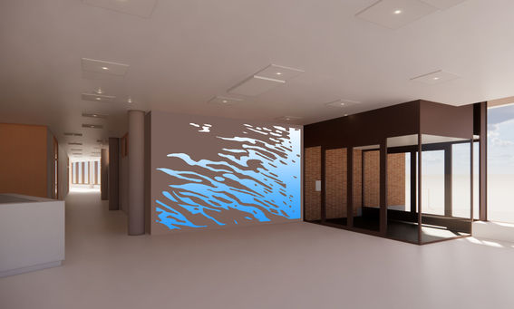 An illustration image of Baptiste Debombourg's wave-like art proposal for Otakaari 2B building's lobby area.