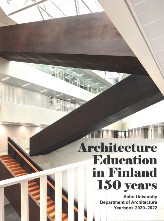 The book cover of the Aalto University's Department of Architecture yearbook 2020-2022. Staircase of the Väre building. 