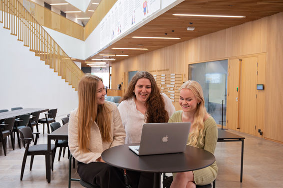 Kolme opiskelijaa työskentelee tietokoneen ääressä Kauppakorkeakoulun pohjakerroksessa. 