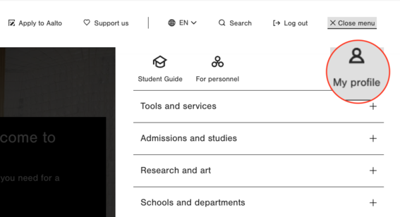 Screenshot highlighting the My profile button at aalto.fi.