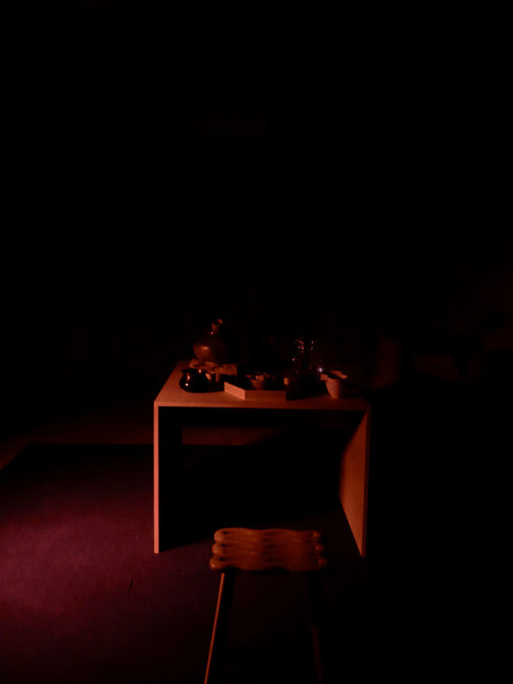 A table in a dimly lit room, full of small objects ready for the seaweed ceremony