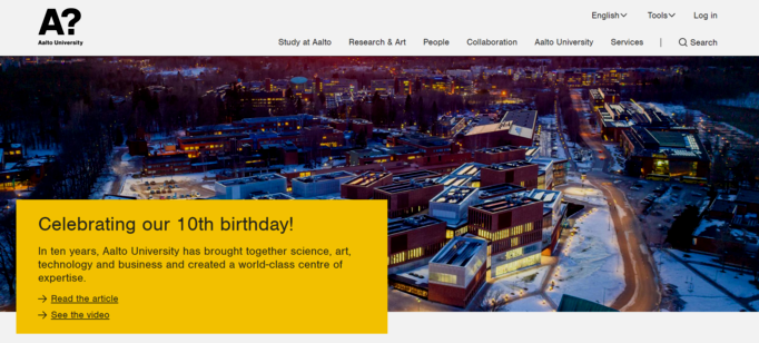 Screenshot of the aalto.fi front page with the text "Celebrating our 10th birthday"
