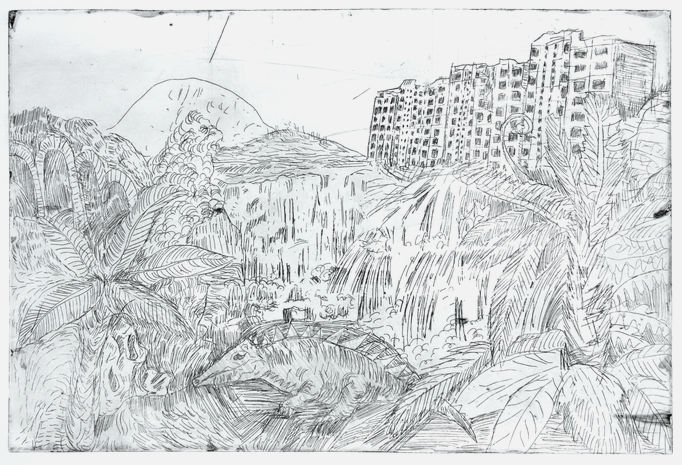 a drawing of an abandoned city ruins overtaken by non-human beings and flora