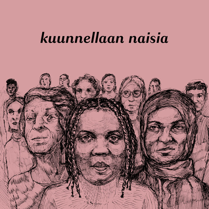 Illustration in pink background and people drawn in black with text 'listen to women'