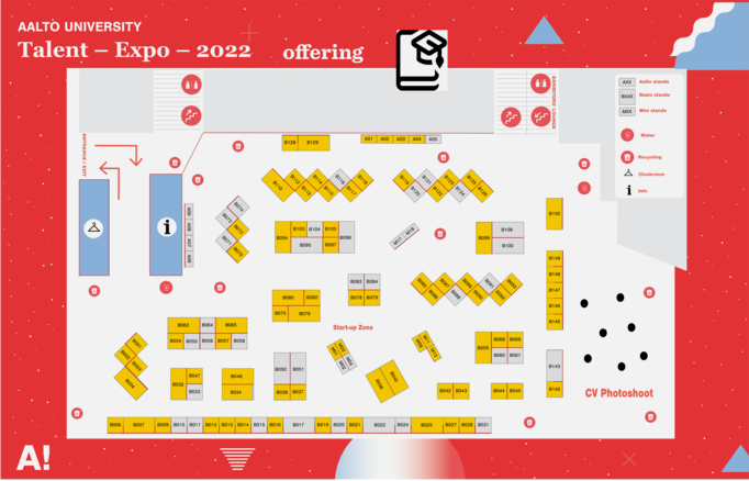 fair map with red background and Aalto Talent Expo logo