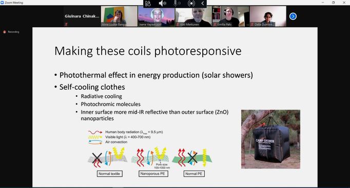 Presentation by Jaana Vapaavuori about photoactive materials. Screenshot by Aalto University, Giulnara Launonen