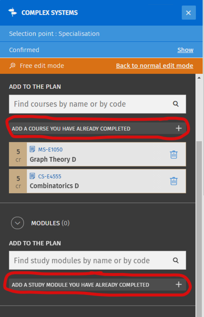 The location of the ‘Add a course you have already completed’ and ‘Add a study module you have already completed’ buttons.