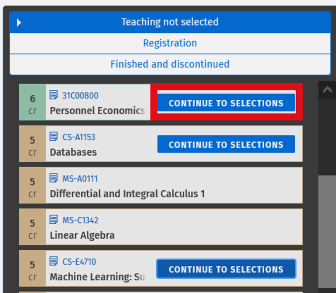 Selecting a course in the ‘Teaching not selected’ tab to select suitable teaching dates and times