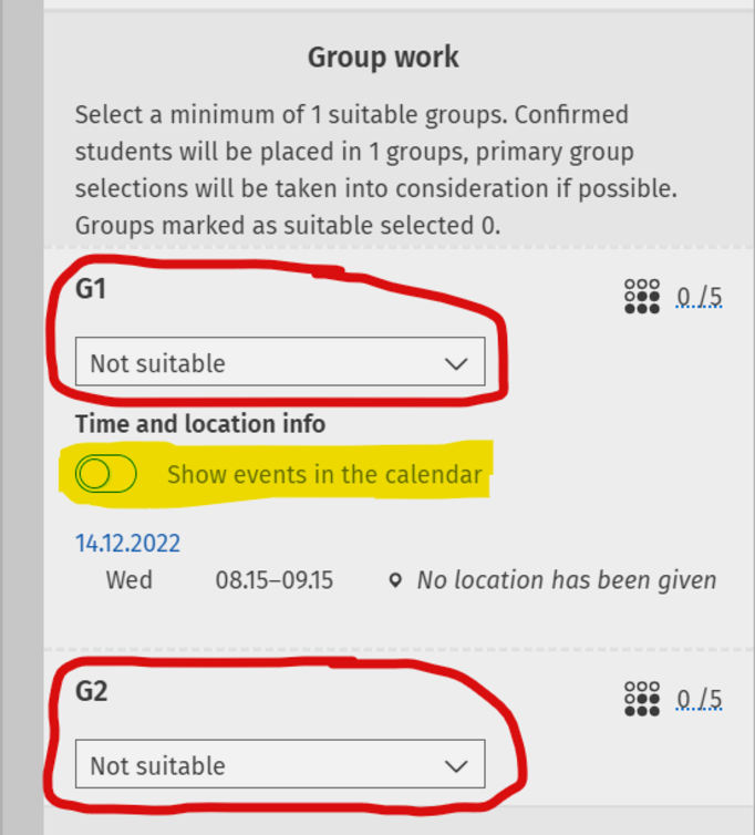 Choosing a teaching group. Activate the toggle if you want to have the dates and times displayed in your calendar.