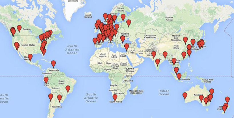 Aalto School of Business' partner universities marked by location on a world map.