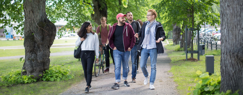 Aalto University / group of students walking under trees / photography: Roee Cohen
